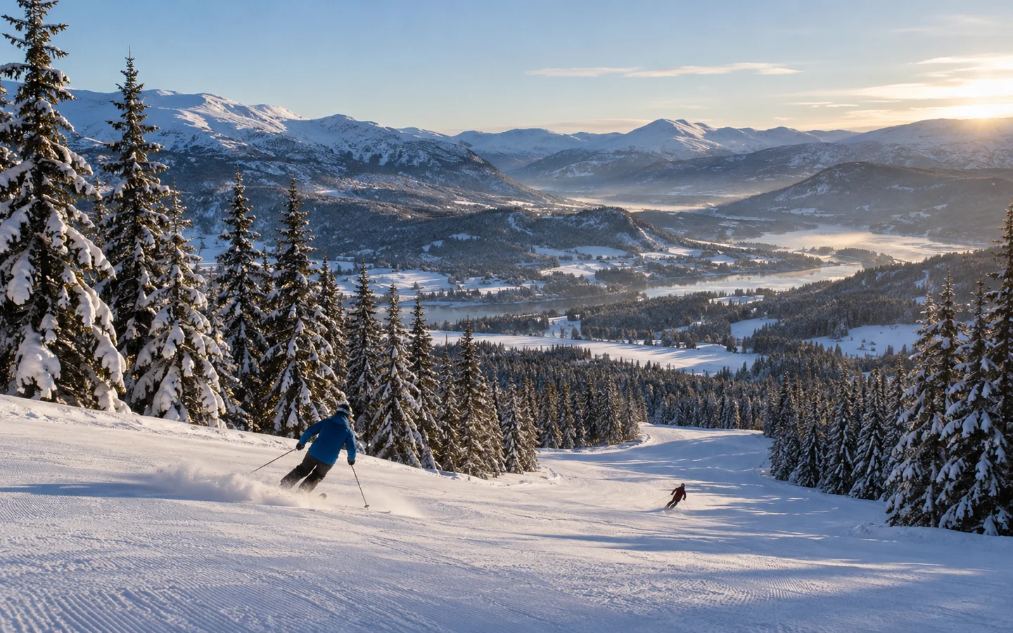 Illustrasjon: Skisvinger over en vinterkledd dal