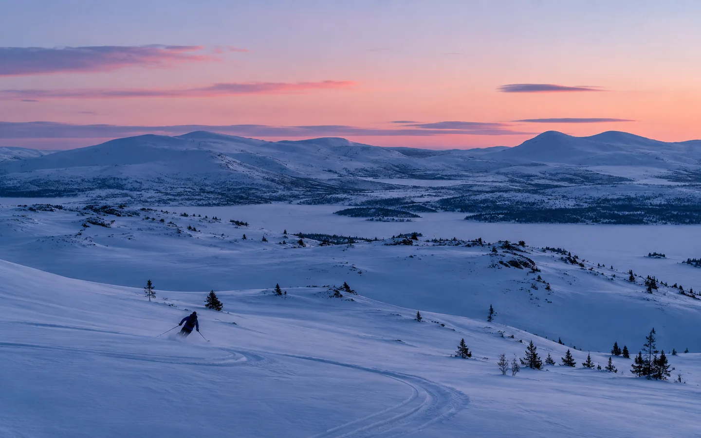 Illustrasjon: Illustrert vinterlandskap med skibakker
