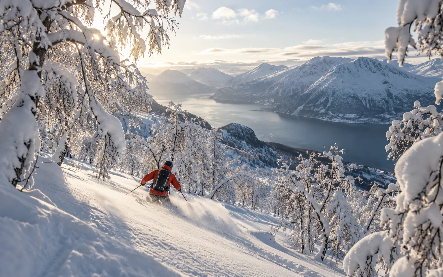 Illustrasjon: En skidag mellom fjell og snøkledd bjørk