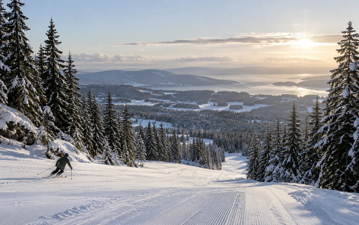 Illustrasjon: Vintersol over en skogkledd skibakke