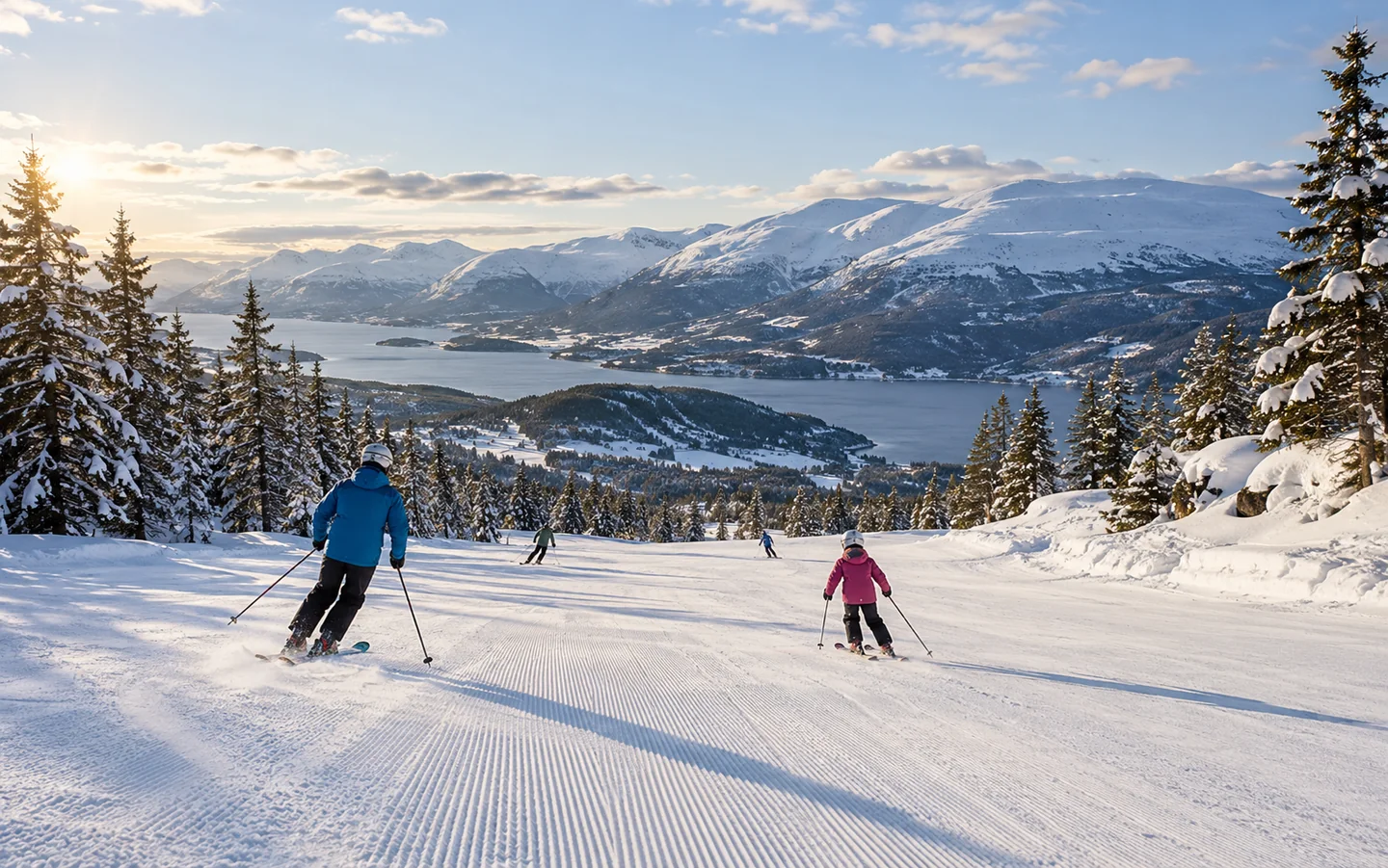 Illustrasjon: En bred vinterbakke mellom grantrær og fjell