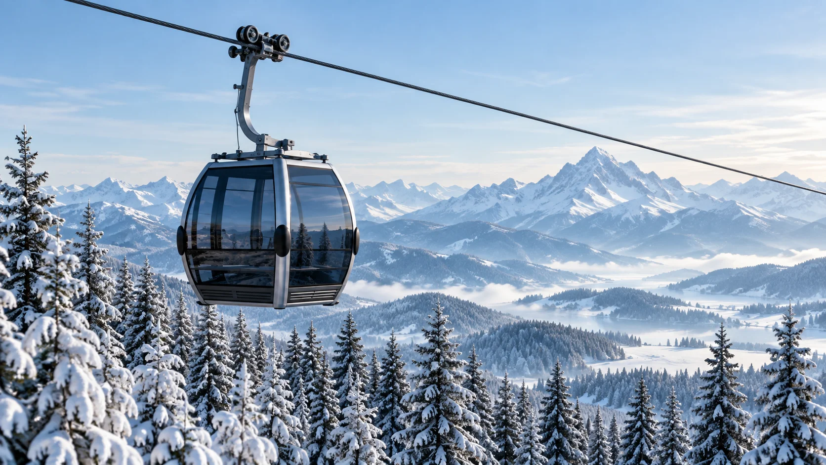Illustrasjon av en gondol over snødekt skog